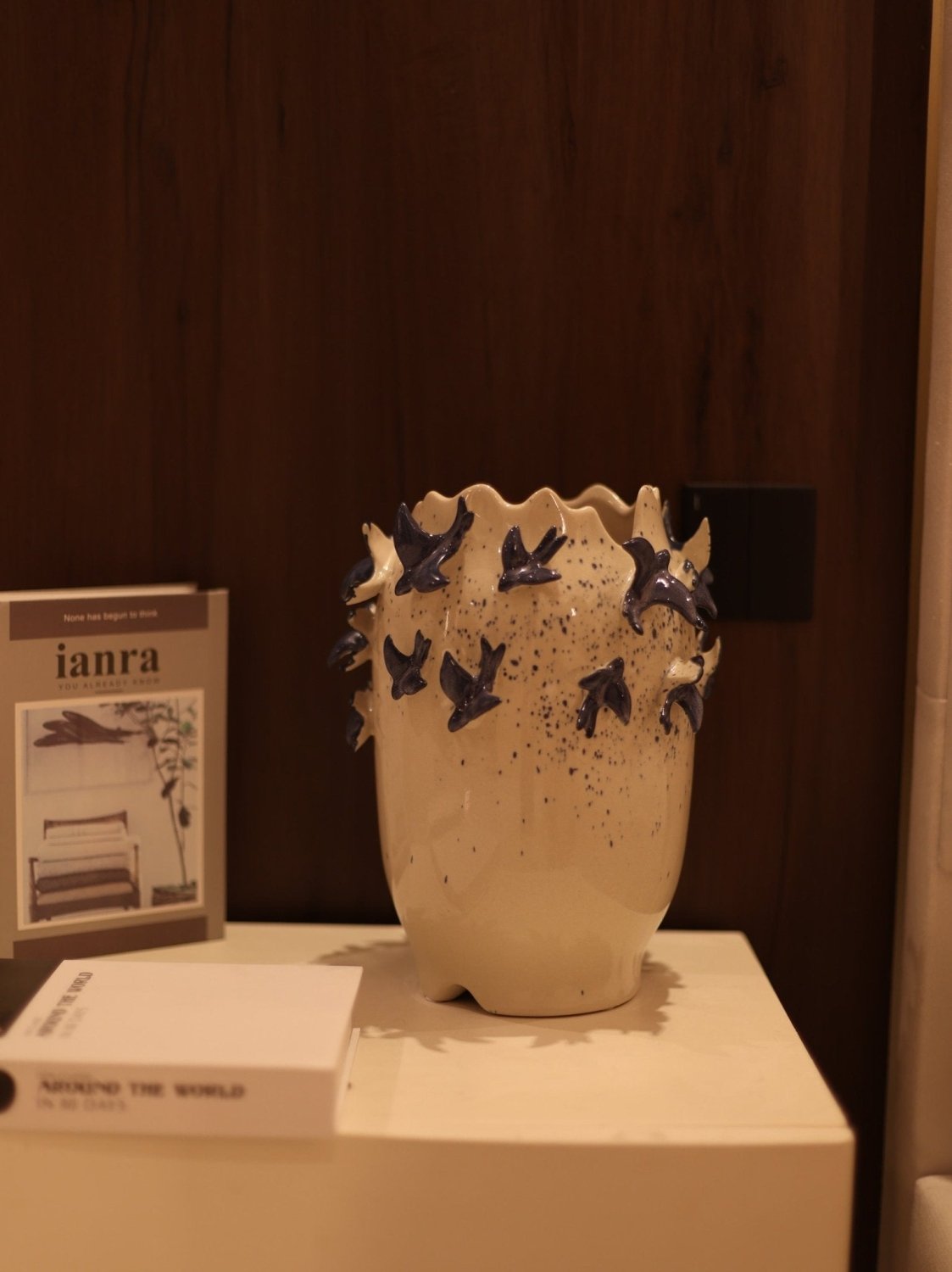 Avelina speckled ceramic vase with hand-sculpted blue birds