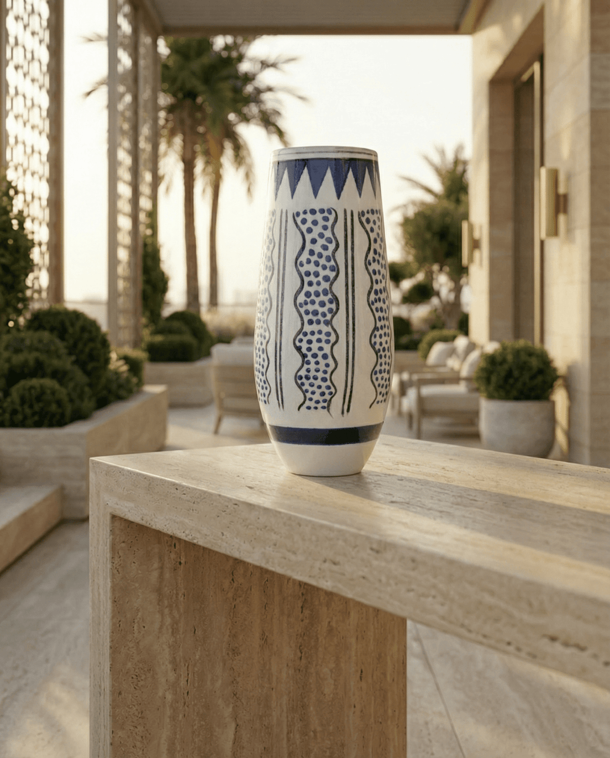 Azzaria white ceramic vase with hand-painted blue geometric pattern