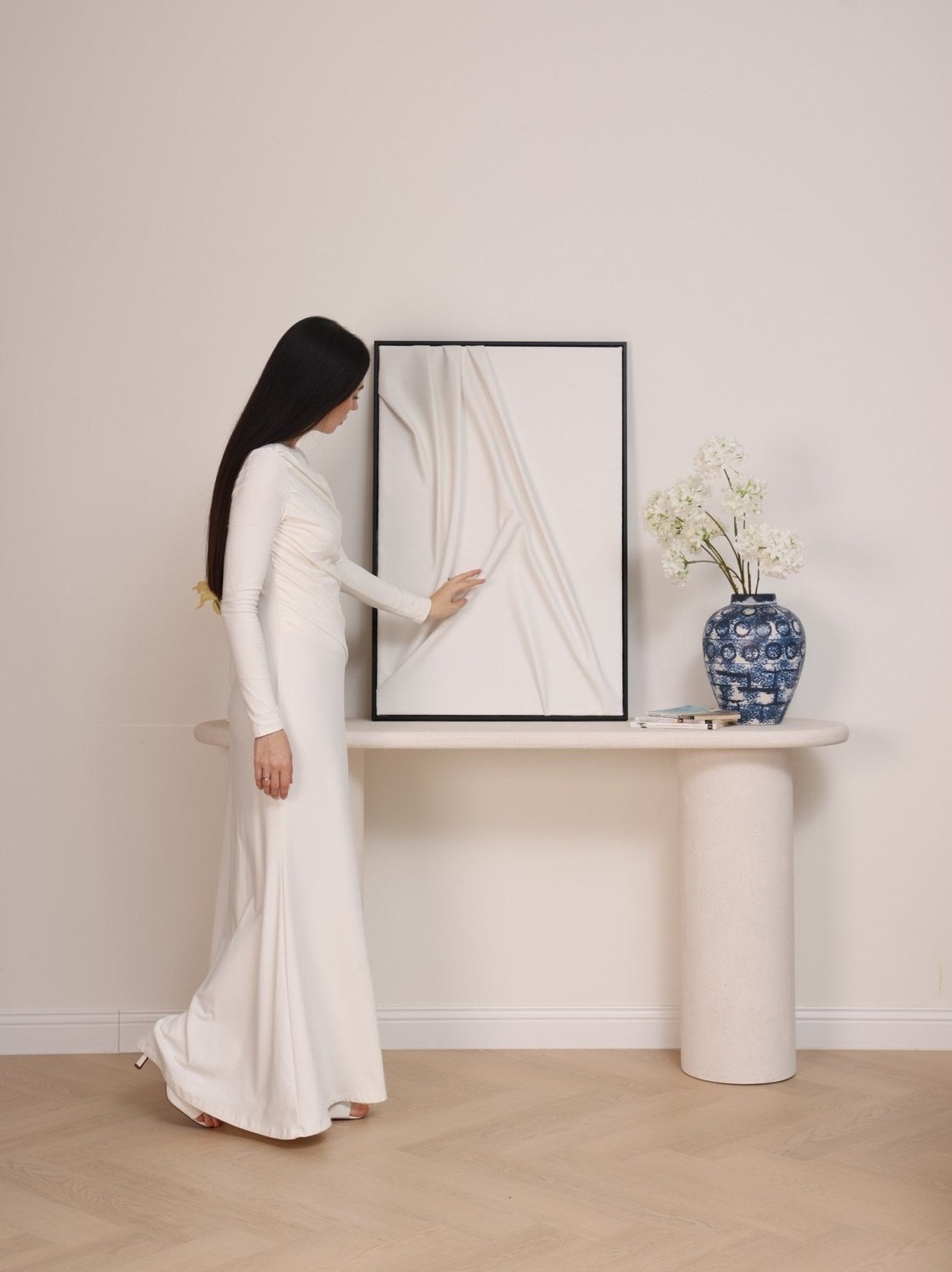 Alba Pura hand-painted leather wall art in dawn tones, framed